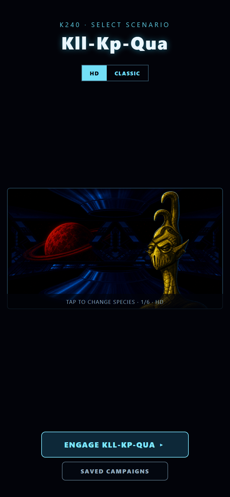 The opponent-select screen. Six species, each with its own rotating homeworld above the portrait — and the por