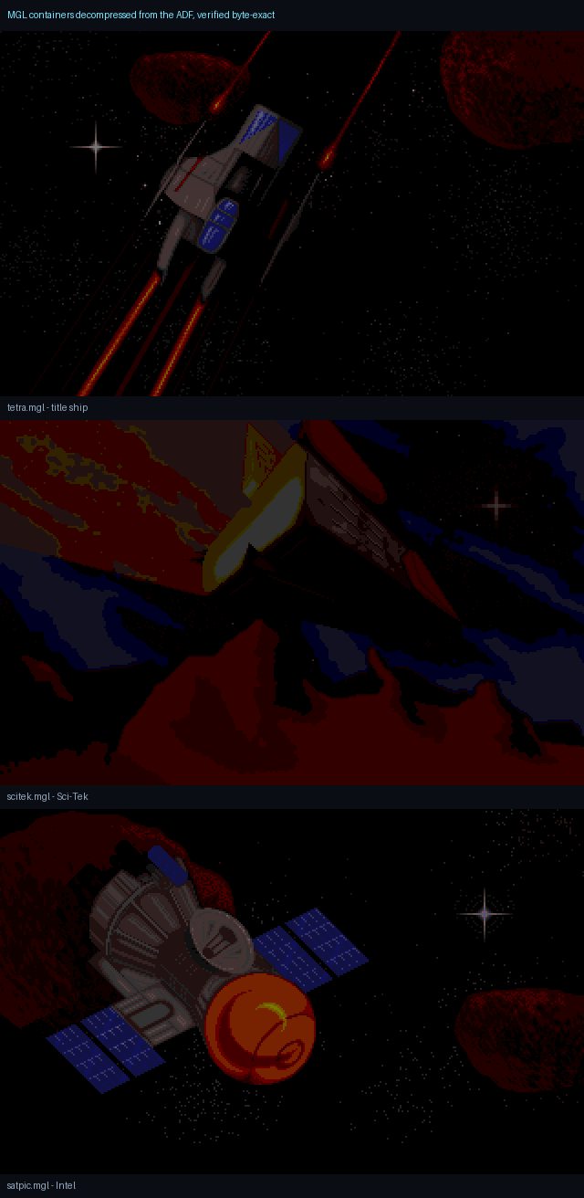 Original Amiga artwork decompressed from the ADF and verified byte-exact against reference extractions. Top: the title s
