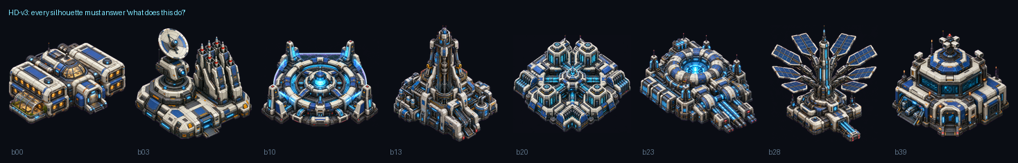A slice of the HD-v3 building set. Habitat, interceptor, shield projector, deep bore mine, sensor mast, powerplant, sola