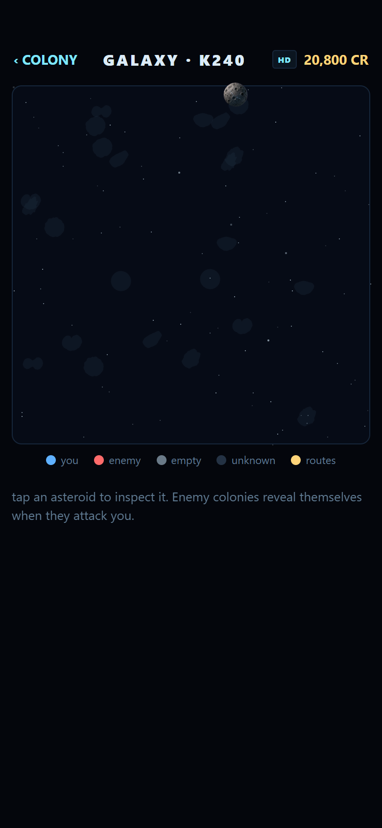 The galaxy map early in a campaign. Almost everything is still dark: you know your own rock and nothing else. Enemy colo