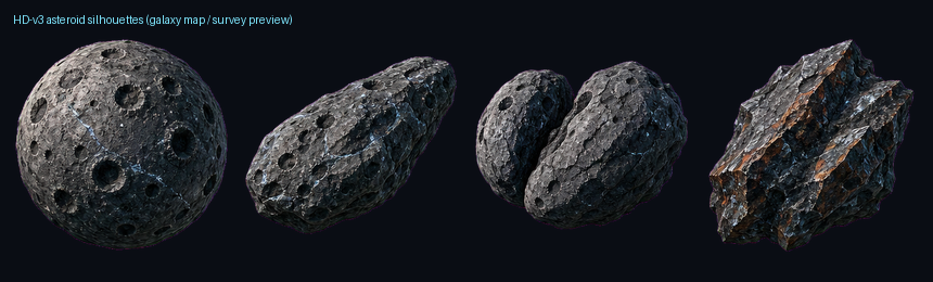 New HD asteroid silhouettes used on the galaxy map and in survey previews.