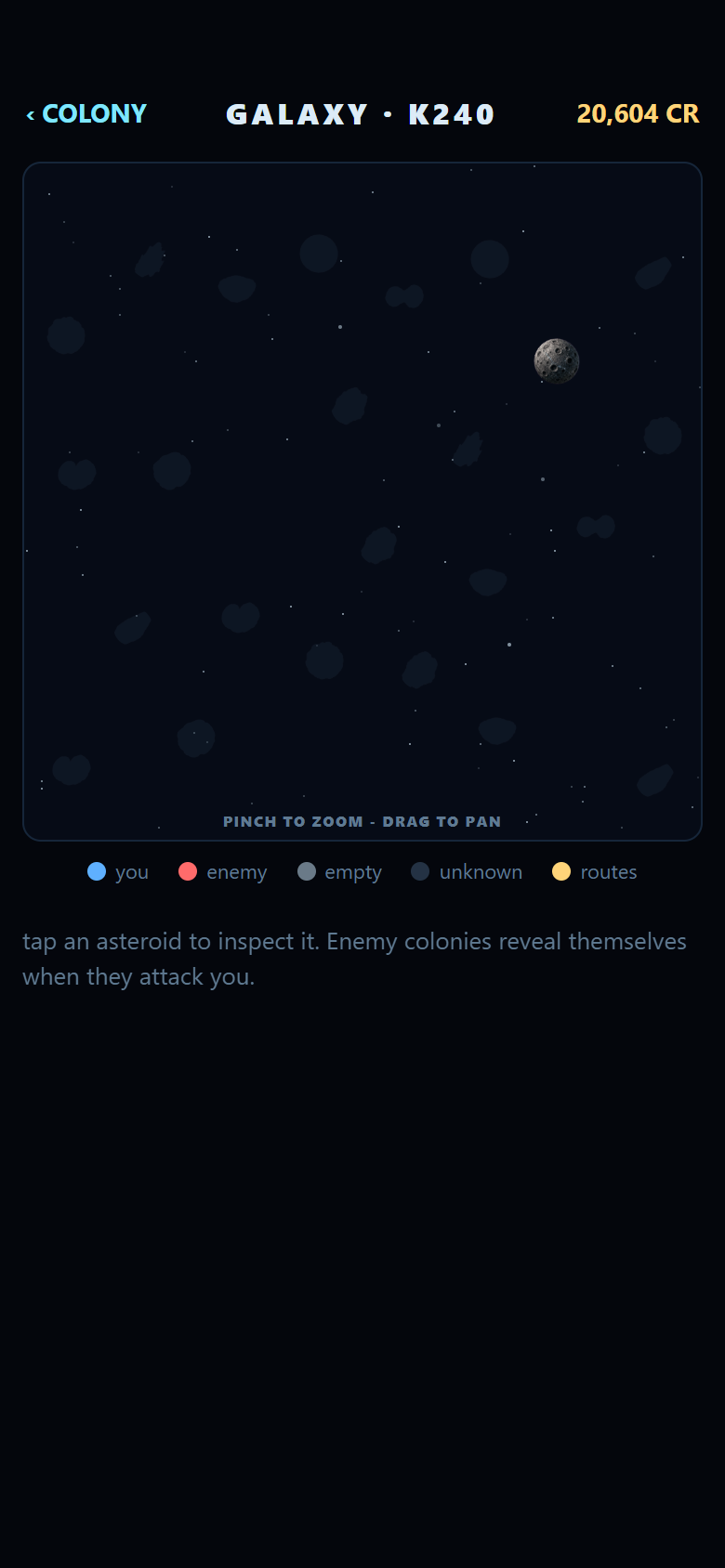 The galaxy map showing scattered, non-overlapping asteroid placement