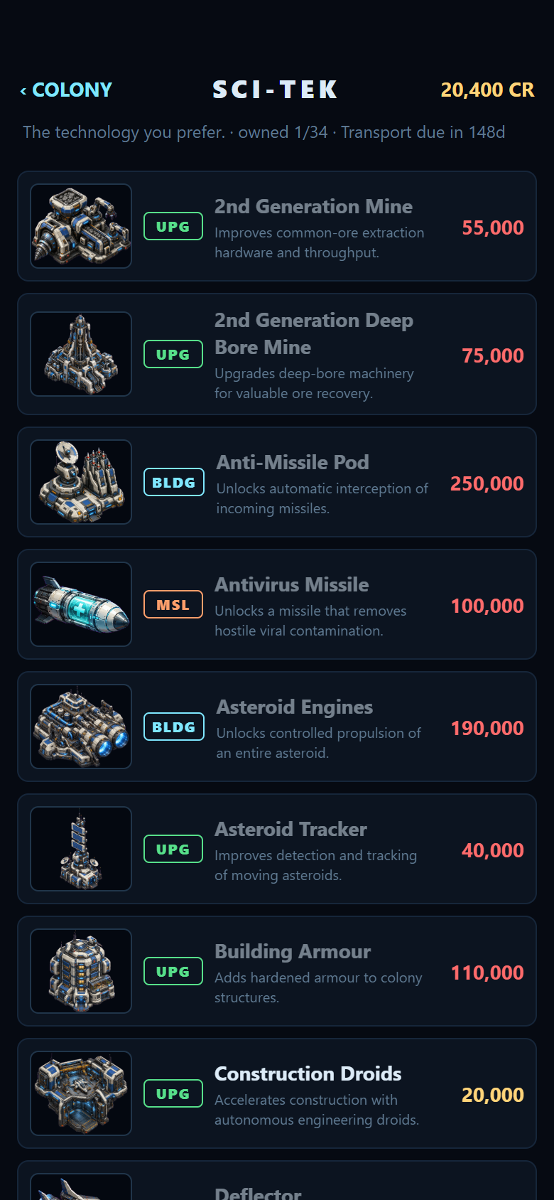 Sci-Tek blueprint list showing exact extracted prices